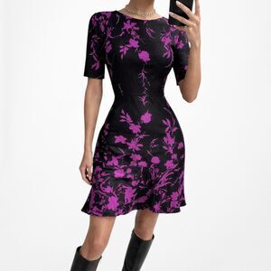 Vintage Y2K 90s Black Purple 3/4 Sleeve Flared A-Line Knee Length Dress Size M